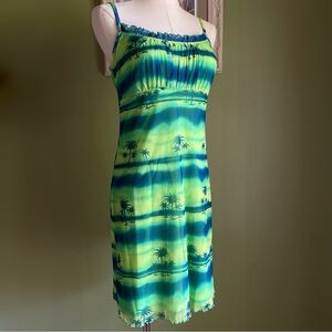 Vintage 90s/Y2K Empire Waist Tropical Mesh Mini Dress with Lettuce Hem